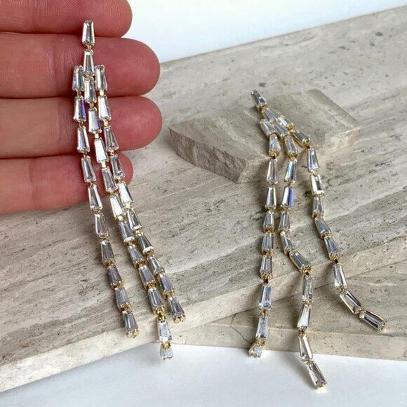 New ~ Anthropologie Shashi Cascading Baguette Crystal Fringe Gold Earrings - Picture 4 of 5